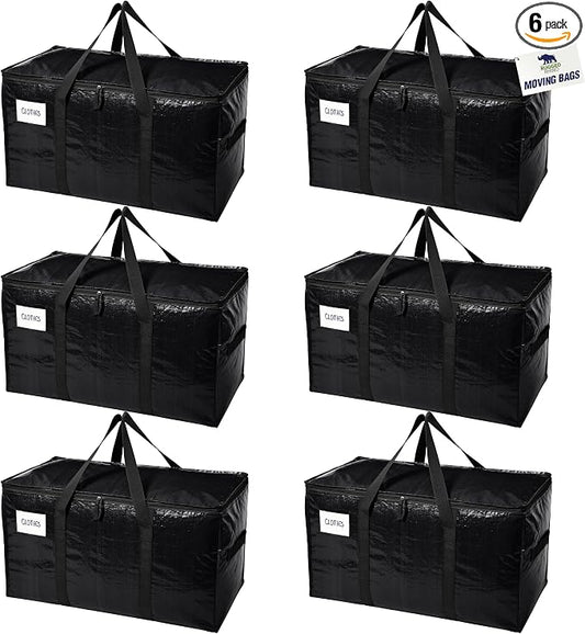 RUGGED RHINO 6 Pack Heavy Duty Extra Large Moving Bags, Durable Bag with Strong Handles and Zipper, Moving Boxes Alternative for College Packing, Holiday Décor, Space Saving Storage with Label, Black