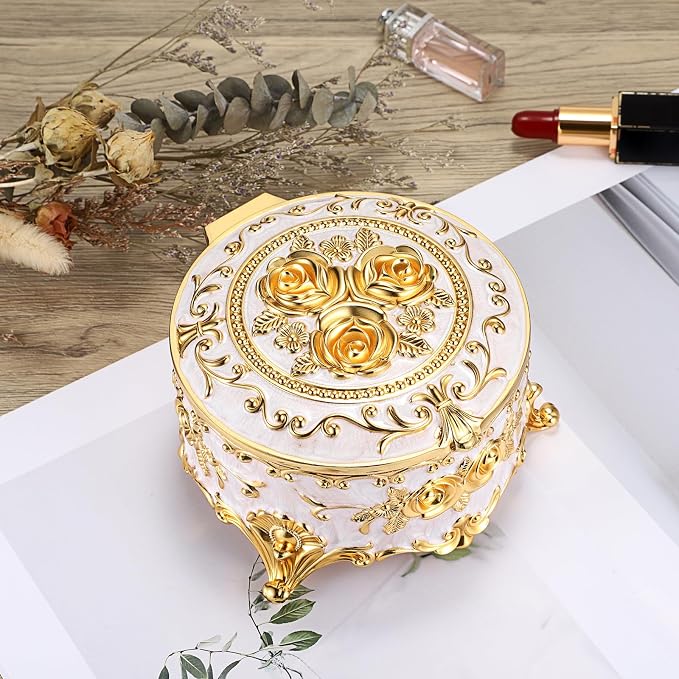 Hipiwe Round Jewery Box Metal Trinket Organizer Decorative Keepsake Box for Trrasure Ring Earring Holder Vintage Jewelry Display Case, Beige, 5.7" L x 5.1" W x 3.5" H