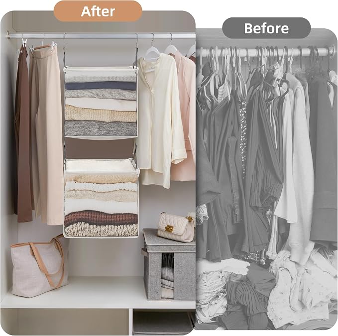 STORAGE MANIAC 2-Tier Hanging Closet Organizer, Fabric Storage Baskets with Hooks, Closet Shelves for Dorm Room, Apartment, Bedroom, Garment Rack & Wardrobe, Ivory