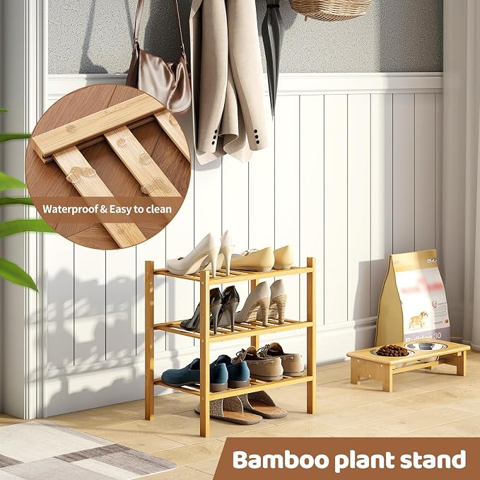 Bamboo Shoe Rack Stackable Shoe Shelf Storage Organizer for Unit Entryway Hallway and Closet Sturdy Freestanding Small Shoe Shelf(3S Tier Natural)