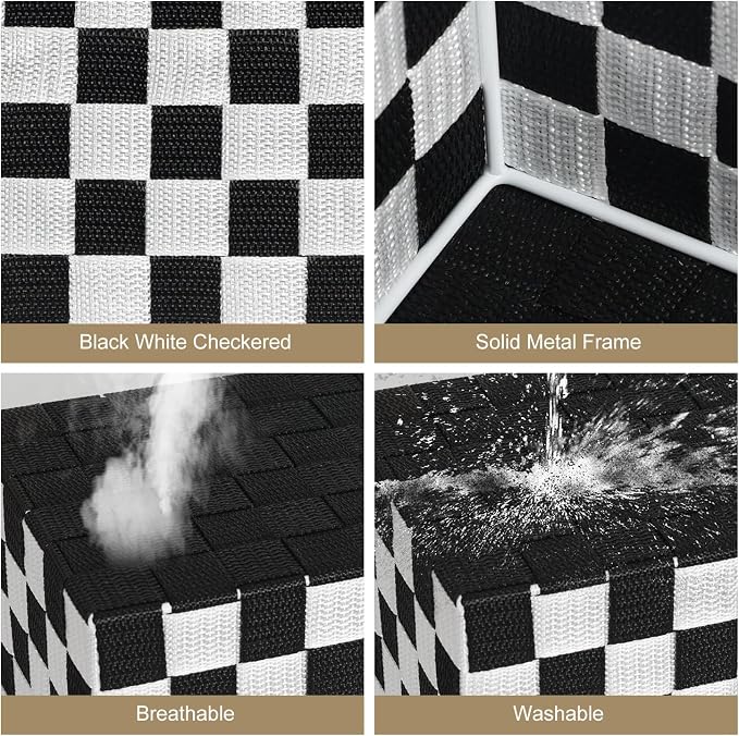 Woven Storage Baskets Bins Container, 16” Checker Pattern Ribbon Metal Wire Desk Organizer, Drawer Dresser Baskets, Countertop Toilet Paper Storage Containers (Black & White),2-Pack