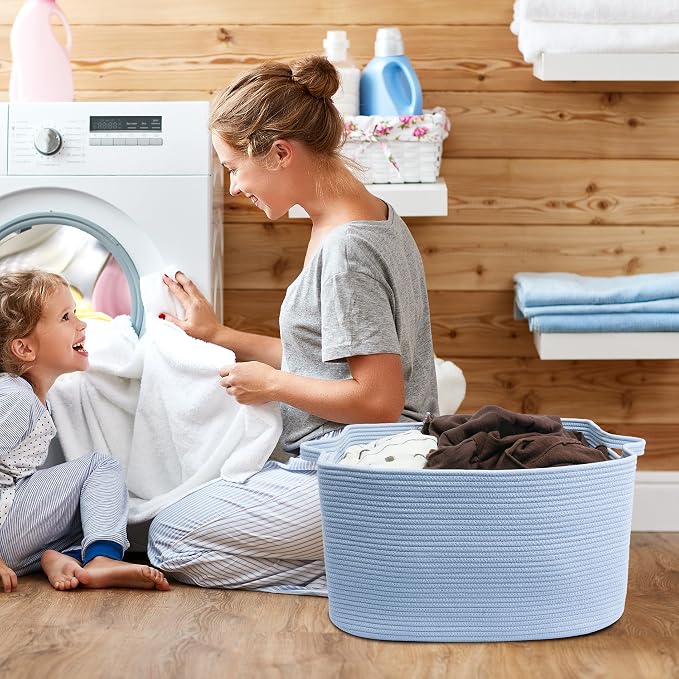 XUANGUO Large Cotton Rope Storage Basket for Blankets, 22" x 17" x 12" Rectangle Woven Basket Bin for Living Room, Nursery, Kids & Dog Toys, Laundry basket for Clothes & Towels,Gift basket Blue