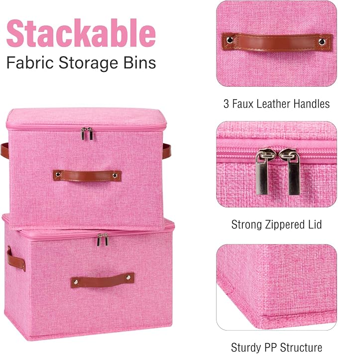 Storage Bin Box with Zippered Lid Cotton Linen Fabric Decorative Basket with PU Leather Handles PP Plastic Board Foldable Lidded Clothing Shelf Closet Organizer Container (Pink, Large)