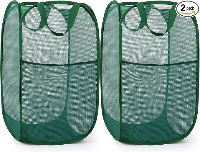 2 Pack Durable Collapsible Laundry Baskets - Reinforced Mesh Pop Up Laundry Hamper with Pocket, Foldable Dirty Clothes Hamper with Carry Handles for Laundry, Bathroom, Kids Room, Dorm or Travel Green