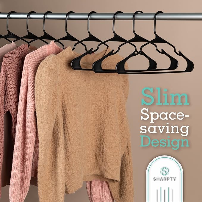 Sharpty Plastic Hangers Clothes Hangers for Clothing, Closet, Coats & Shirts - Notched, Durable, Thick, Tough & Space Saving - for Everyday Standard Use, Room Essentials & Basics - 20 Pack - Black