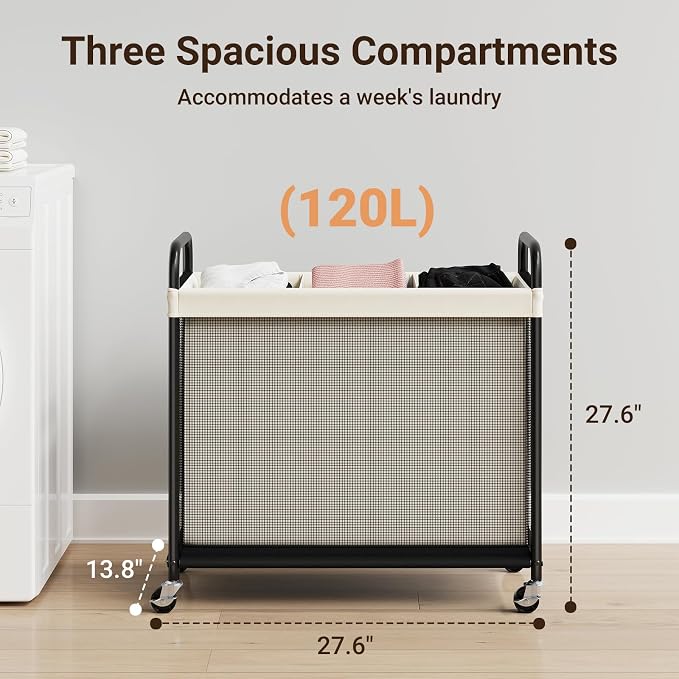 ELYKEN Laundry Hamper 3 Section, 120L Rolling Laundry Sorter with Removable Liner Bag, Laundry Basket with Wheels, Steel Frame with Metal Handle, Clothes Hamper Cart for Laundry Room & Bedroom