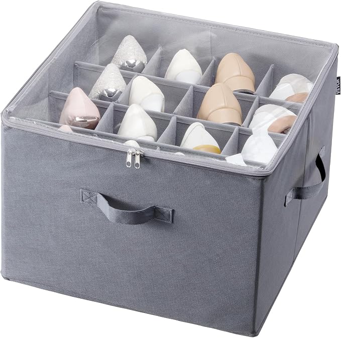 VEVOR Under Bed Shoe Storage Organizer, 1 Pack, 16 Compartments, Underbed Shoe Box Storage Containers Adjustable Dividers, Sandal Organizer Storage with Clear Window, Breathable, Reinforced Handles