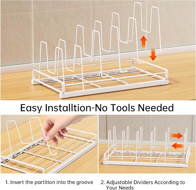 Food Container Lid Organizer for Cabinet with 6 Adjustable Divider | Detachable,Metal Pot Lid Organizer Rack Storage Plastic Lids Pots Bakeware for Cabinets, Cupboards,Pantry, Drawers (White)