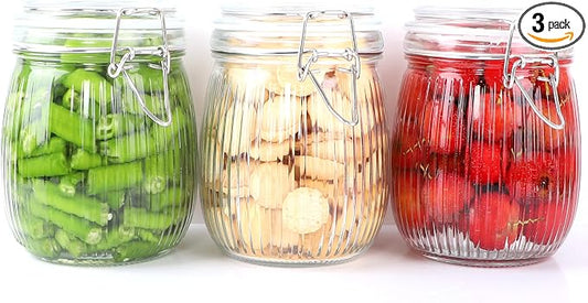 24 OZ Glass Jars With Clamp Lids Airtight Wide Mouth Storage Jars Sealed Canisters Food Containers For Kitchen Pantry Fruit Refrigerator Sugar Nuts Preserves Tea Coffee Beans 3 Set