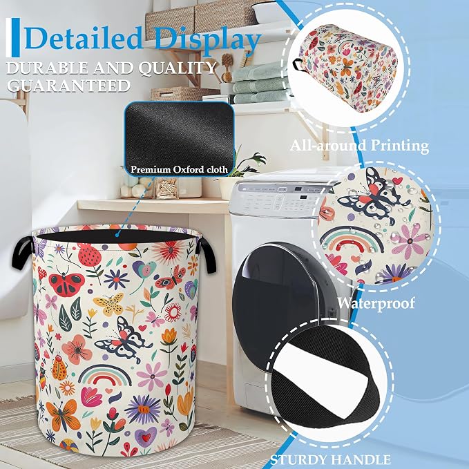 Colorful Butterfly Flowers Laundry Basket Collapsible Laundry Hamper Clothes Storage Bin for Bathroom Bedroom Room Decor 16" X 20.8"
