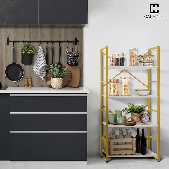 CAPHAUS 4 Tier Bookshelf, Bookcase Shelf Storage Organizer, Living Room, Kitchen, 24 Inch Width Free Standing Shelf, Industrial Book Shelves for Home Office, White Wooden Shelves & Gold Frame