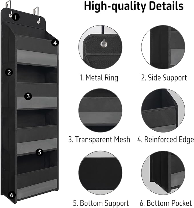 Giraffe Creation Compact Black Over Door Organizer with 4 Large Clear Pockets, Compact Hanging Door Storage for Bathroom, Dorm, Bedroom, Closet, Toiletries