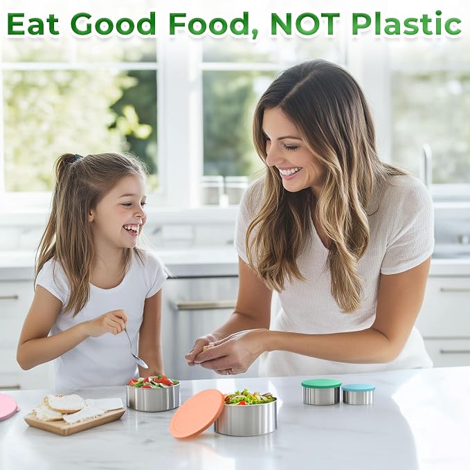 Stainless Steel Food Storage Containers - Metal Set of 5, Snack Size | EcoEarth for 100% plastic-free, airtight, and leakproof with food-safe silicone lids for mess-free travel.