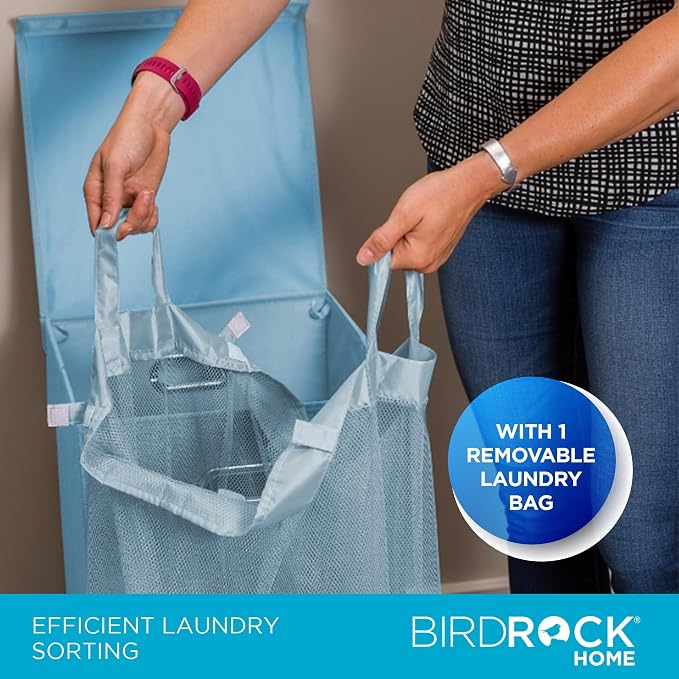 BIRDROCK HOME Laundry Hamper with Lid | Removable Bags for Sorting Clothes | Sectioned Laundry Basket for Bedroom & Bathroom | Collapsible Storage Bin with Cover | Single, Light Blue