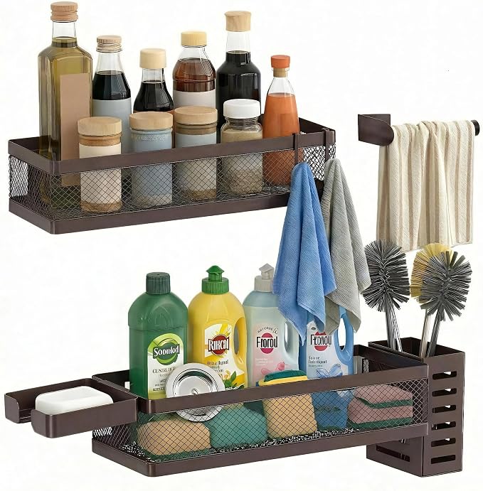 PUSDON 5-in-1 Wide Wall Mount Wrapped Mesh Kitchen Organizer & Shower Caddy Kit, with Paper Towel Holder, Utensil Holder, Soap Dish, Heavy Duty 50LBS - Vintage Bronze, Netting