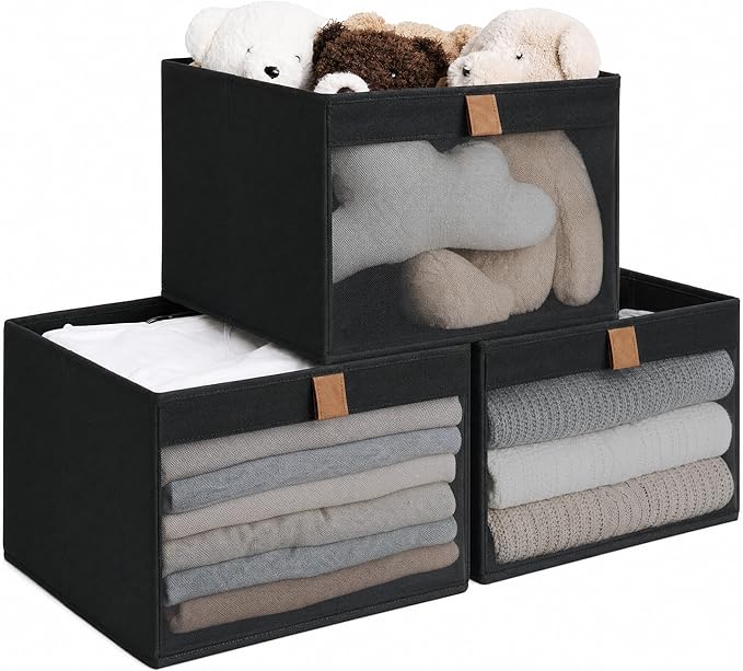 StorageWorks Closet Storage Bins with Clear Window, Large Closet Organizer and Storage Bins for Clothes, Collapsible Storage Baskets with PU Handles, Black, 3-Pack