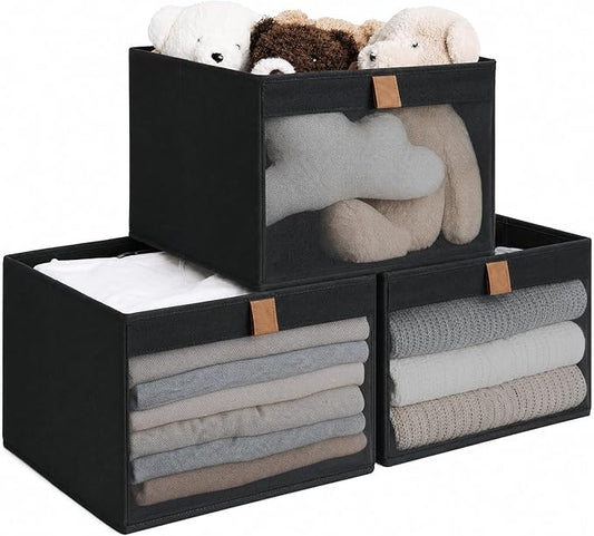 StorageWorks Closet Storage Bins with Clear Window, Large Closet Organizer and Storage Bins for Clothes, Collapsible Storage Baskets with PU Handles, Black, 3-Pack