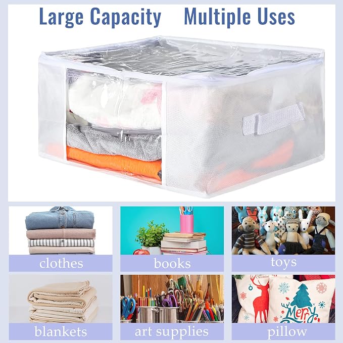 Sadnyy 6 Pcs Clear Storage Bags with Zippers Foldable Clothes Containers Case Plastic Organizer Large Sweater Storage Bins with Handles for Fabric Blanket Cloth Bedding(16 x 12 x 8 Inch,White)