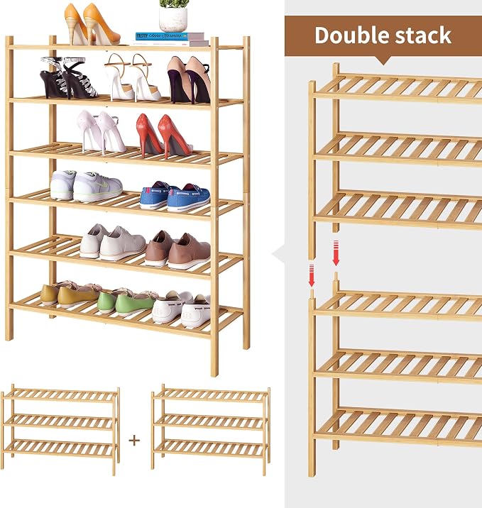 Bamboo Shoe Rack Stackable Shoe Shelf Storage Organizer for Unit Entryway Hallway and Closet Sturdy Freestanding Shelf(6 Tier Natural)