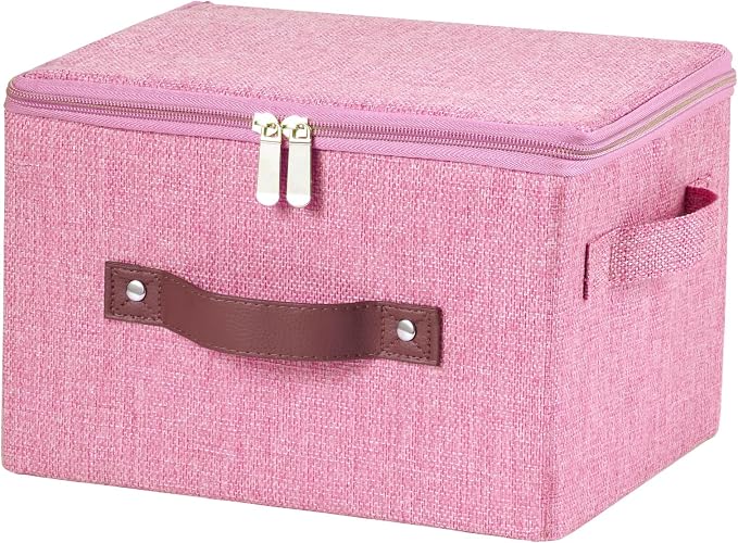 Storage Bins with Zipper Lid Cotton Linen Fabric Lidded Storage Baskets Boxes Foldable Washable Closet Shelf Clothes Organizer Container with PU Leather Handles (Pink, Small)