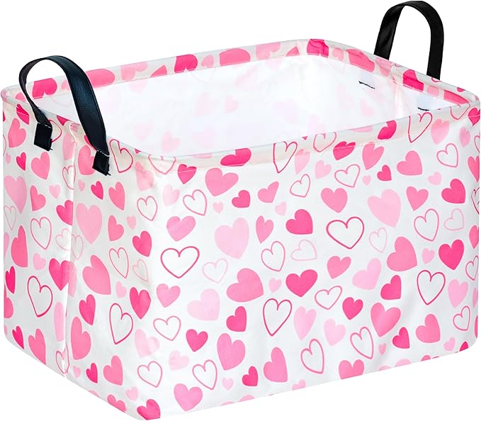 MAIZMZ Girls Gift Basket Heart Print Storage Cube for Women, Closet Shelf Organizer Bins Empty Gift Basket with Handles Nursery hamper Kids Toys Books Box Room Deco