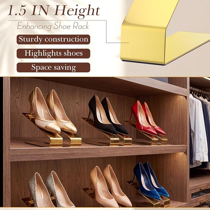 Therwen 8 Pcs Gold Shoe Display Stand Shoe Rack Stainless Steel Golden Metal Riser High Heel Display Rack Holder for Home Shopping Malls (Shape V Extended,Golden)