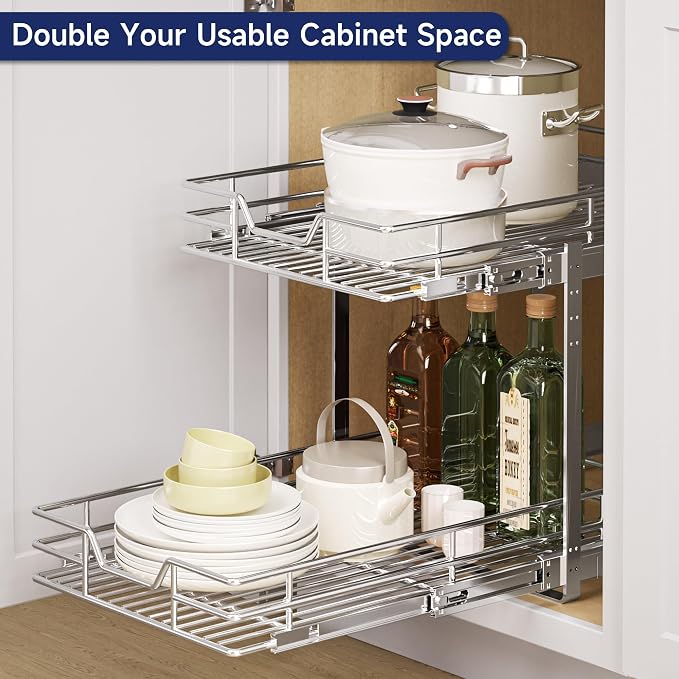 2-Tier Pull Out Cabinet Organizer, 13.5" W x 21.5" D, Heavy Duty Dual Slide Out Shelves for Base Cabinets, Chrome Wire Basket Drawer for Pantry, Kitchen & Bathroom Storage