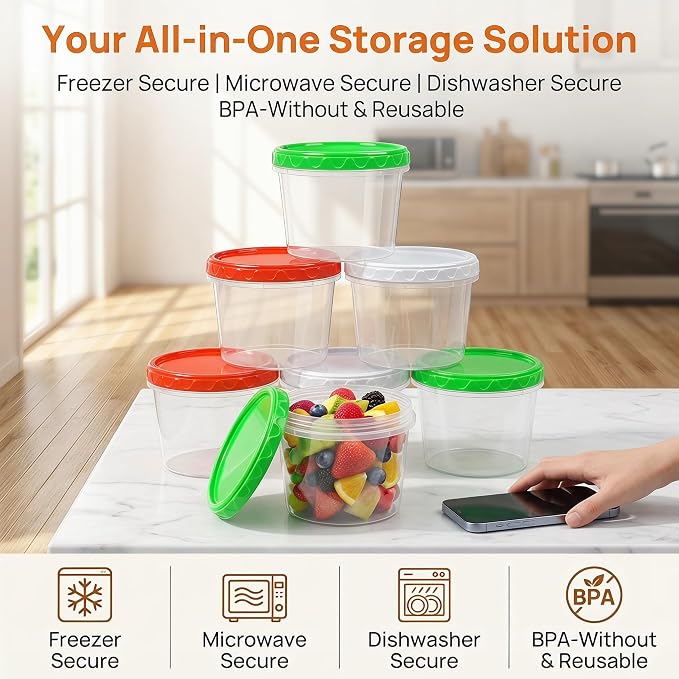 EONJOE 32oz Plastic Freezer Food Leftovers Containers with Lids, 12pcs | Reusable ,Airtight & BPA-free for fresh food. Dishwasher/freezer safe, perfect for daily meal prep, portion control