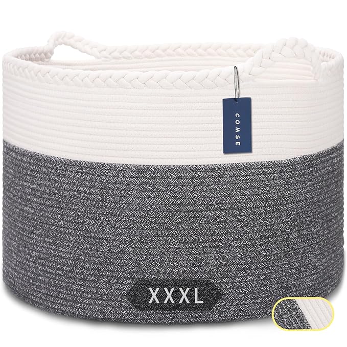 COMSE Extra Large Blanket Basket, Woven Laundry Basket, 21.7”x 13.8”, Nursery Hamper, Cotton Rope Laundry Hamper Living Room for Storage Toys Clothes Towels (White & Black)