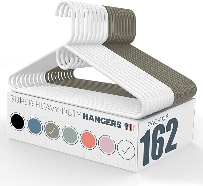 Super Heavy Duty Clothes Hangers 100+ Pack (162 Count) – Made in the USA - 10lb Capacity, Thick Plastic Hangers for Pants, Coats, Jackets, Jeans and Adult Clothing – White & Gray