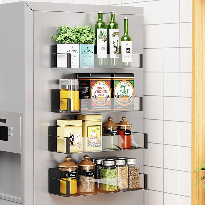 Vetacsion 4 Pack Moveable Fridge Magnetic Spice Racks,Metal (Clear)