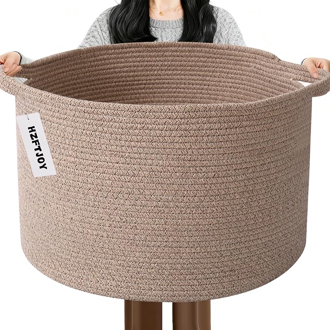 65L Large Blanket Basket,Woven Rope Laundry Basket-Brown | Collapsible, reinforced handles, nursery storage bin organizes clothes, toys and pillows for living room, bedroom bathroom.