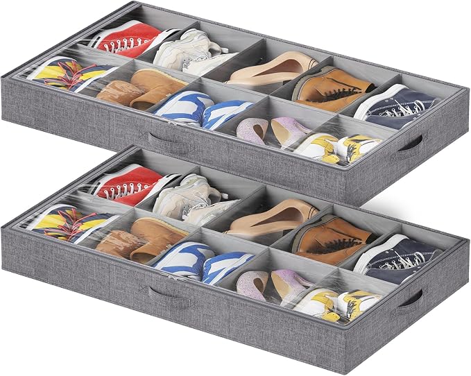 Lifewit Under Bed Shoe Storage Organizer Fits 10 Pair Sneakers, 4.3 Inches Tall Sturdy Structure Ultra Thick Fabic Sneaker Storage, Foldable Underbed Shoe Boxes for Heels, Boots, Sports Shoes 2 Pack