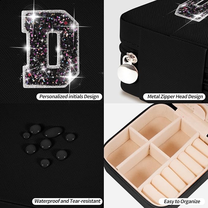 Uygafly Personalized Jewelry Case for Women Girls - Fashion Mini Jewelry Boxes - Trendy Travel Jewelry Organizer with Initials Letter - Teen Gifts | Black,D