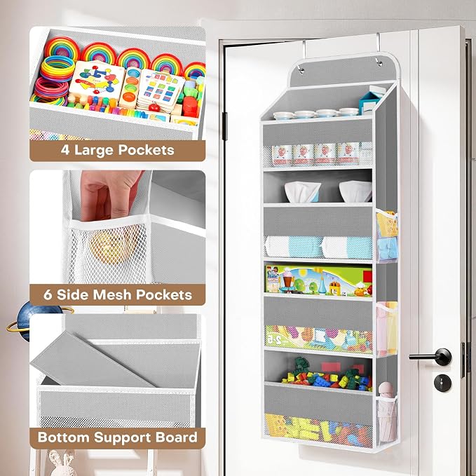 SpaceWhisper Over the Door Organizer, 4 Large Pocket Hanging Storage Organizer with 40lb Capacity, Space Saving for Nursery, Bathroom, Bedroom, Closet - Baby Essentials & Toiletry Organizer (Grey)