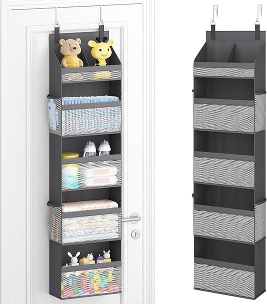 Lifewit 5 Tier Over the Door Diaper Organizer for Nursery, Large Heavy Duty Hanging Storage with 4 Mesh Side Pockets, Sturdy Back of Door Shelf for Baby Stuff Toy in Pantry, Laundry, Bathroom, Gray