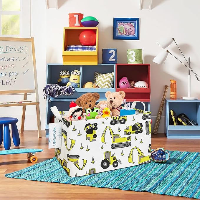 Rectangular Collapsible Storage Basket Nursery Organizer Engineering Car | Storage Bin Foldable Canvas with Handles for Organizing Home Kitchen Children Toys Office Closet Shelf Baskets