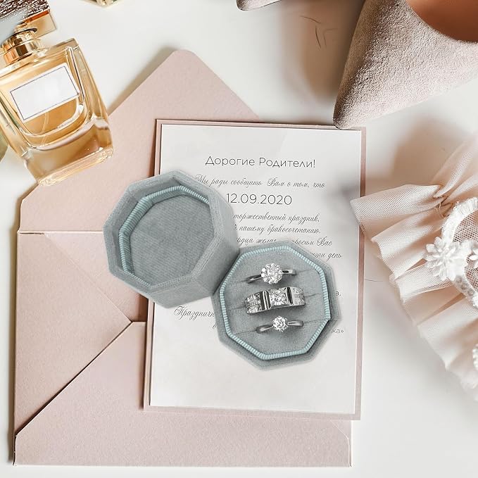 WantGor Velvet Ring Box, 3 Slots Jewelry Ring Gift Box Vintage Ring Holder | Ring Display Case for Wedding Ceremony Proposal Engagement (Sage Green)