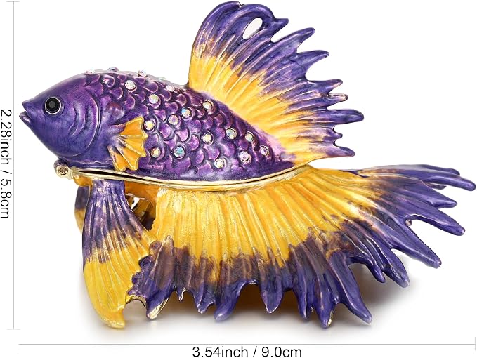 Hand Painted Animal Trinket Box for Home Decor, Hinged Jewelry Organizer Storage, Unique Personalized Collectible Keepsake Figurine Handmade Decorative Ornament Gifts (Crowntail Beta Fish)