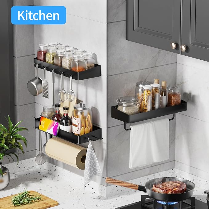SUNTECH Garage Paper Towel Holder with Shelf, 3 Pack Black Heavy Duty Wall and Screw Mount Rack for Workshop, RV, Tool Room, Also Works as a Shop Towel Holder