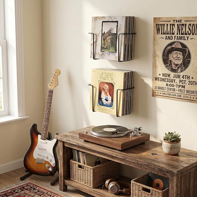 MyGift 2-Pack Vinyl Wall Mount Holder - Floating Record Shelf for Vinyl Display, Black Metal Record Wall Display Shelves
