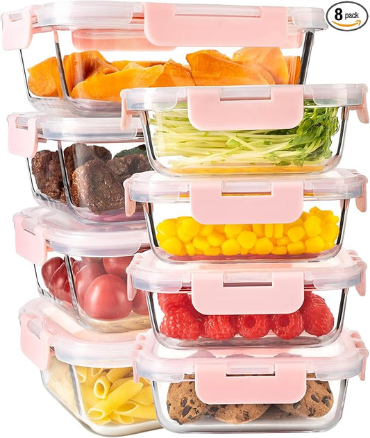 16Pack Glass Meal Prep Containers 8 Bowls with 8 Airtight Pink Lids 2 Sizes | Borosilicate glass food storage set for lunch, leftovers & portion control — microwave/freezer/dishwasher safe, leak-proof