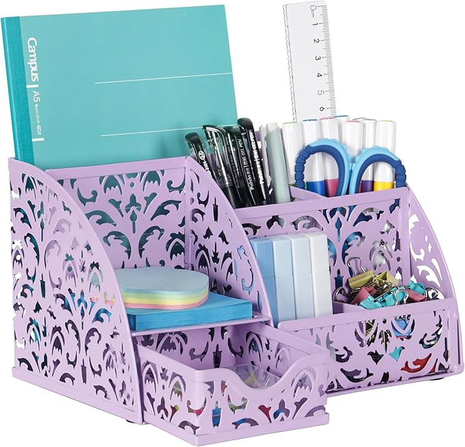 EasyPAG Pen Holder Desk Organizer with Drawer Pencil Cup for Desk 6 Compartments Metal Office Caddy Storage with Sticky Notes Holder for School Home Office, Purple