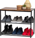 IRIS USA 3-Tier Shoe Rack, Up to 6 Pairs, Shoe Bench for Front Door Entrance, Entryway, Mudroom Bench, Shoe Organizer for Closet, Shoe Storage Shelf, Modern Wood and Metal Shoe Rack Bench
