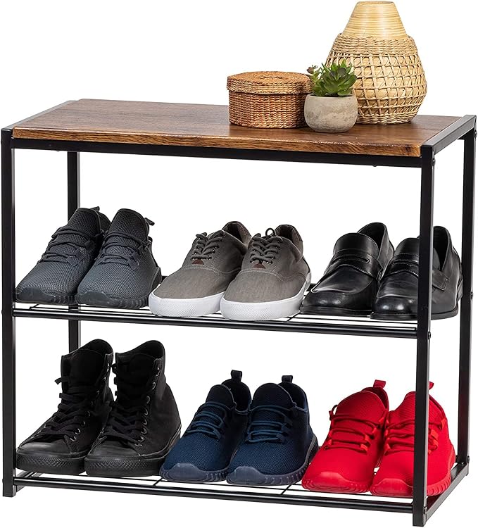 IRIS USA 3-Tier Shoe Rack, Up to 6 Pairs, Shoe Bench for Front Door Entrance, Entryway, Mudroom Bench, Shoe Organizer for Closet, Shoe Storage Shelf, Modern Wood and Metal Shoe Rack Bench