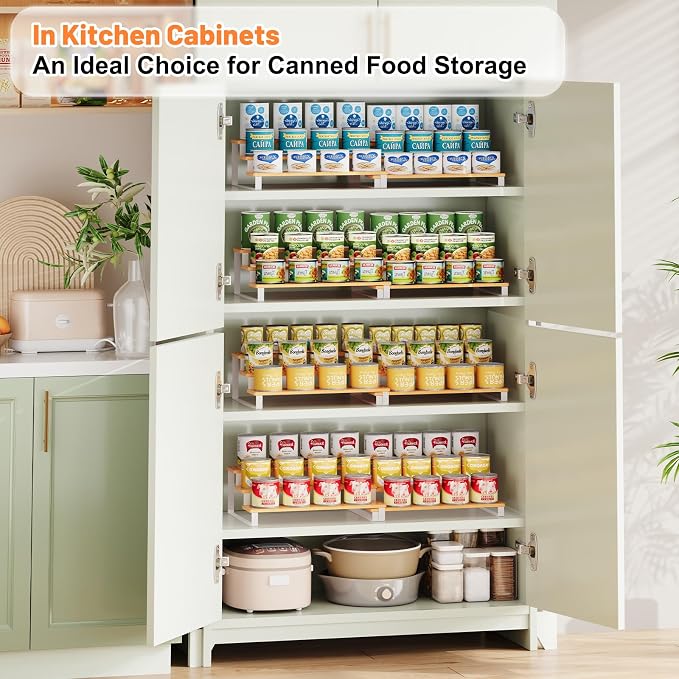 Expandable Can Organizer for Pantry, 3-Tier Adjustable Bamboo & Iron Can Rack for Cabinets, Easy-Access Storage for Canned Goods, Holds Up to 30 Soda & Soup Cans, White