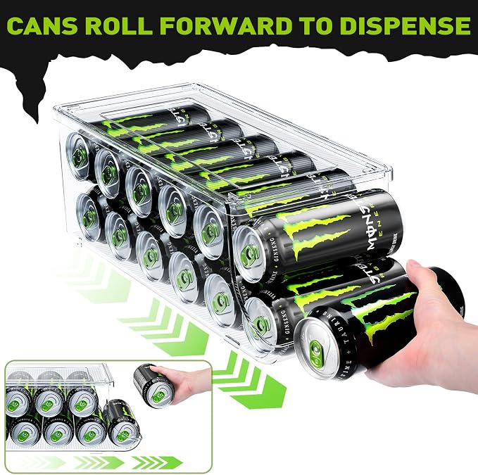 SCAVATA 4 Pack Tall Skinny Can Organizer for Refrigerator, Stackable Large Soda Cans of 16oz & 17oz Beverage Energy Drink Container Holder Dispenser with Lid for Fridge, Clear Storage Plastic Bins