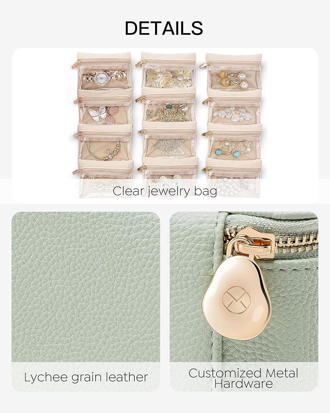 VLANDO Jewelry Travel Case,Travel Jewelry Organizer with Clear Velvet Jewelry Bags 12Pcs Zipper Pouch for Women-Mint Green