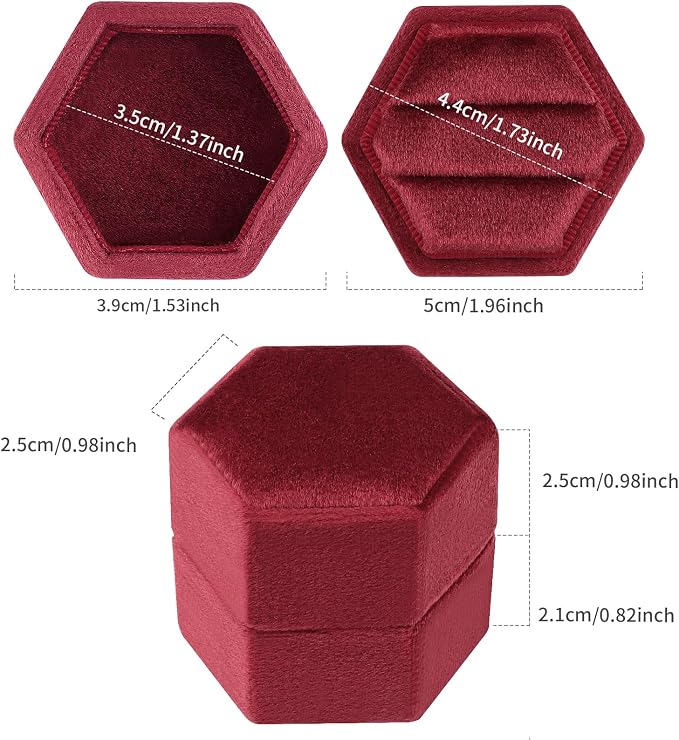 DesignSter Hexagon Velvet Ring Box - Premium Gorgeous Vintage Double Ring Display Holder with Detachable Lid for Proposal, Engagement, Wedding, Ceremony(Deep red)
