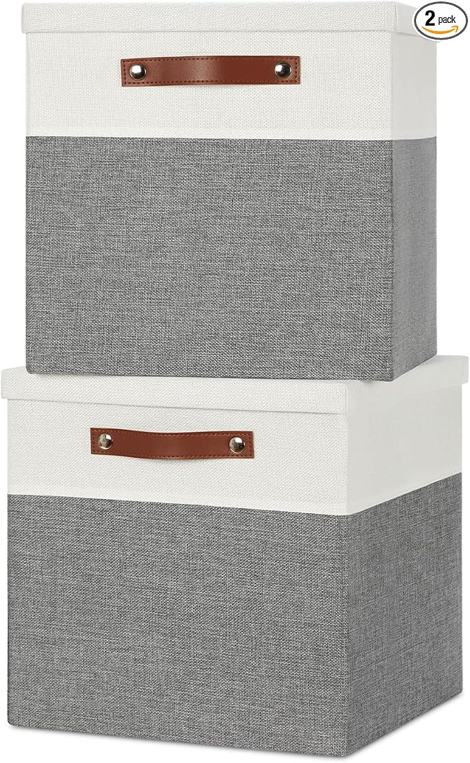 Temary Cube Storage Bins with Lids for Organizing Clothes, [2-Pack] Foldable Storage Boxes with Handles, Closet Storage Baskets for Living Room (White&Gray, 13x13x13inch)